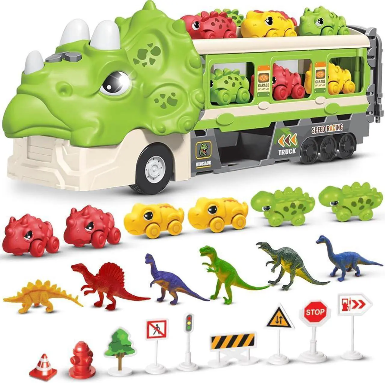 Alt view image 2 of 7 - Dinosaur Truck Toys for Kids 3-5 Years - Dino Transport Carrier with Folding Race Track and 6 Race Car Dinosaurs Toys for Boys with Flashing Lights and Sounds - Toddler Toys Birthday Gifts for Kids