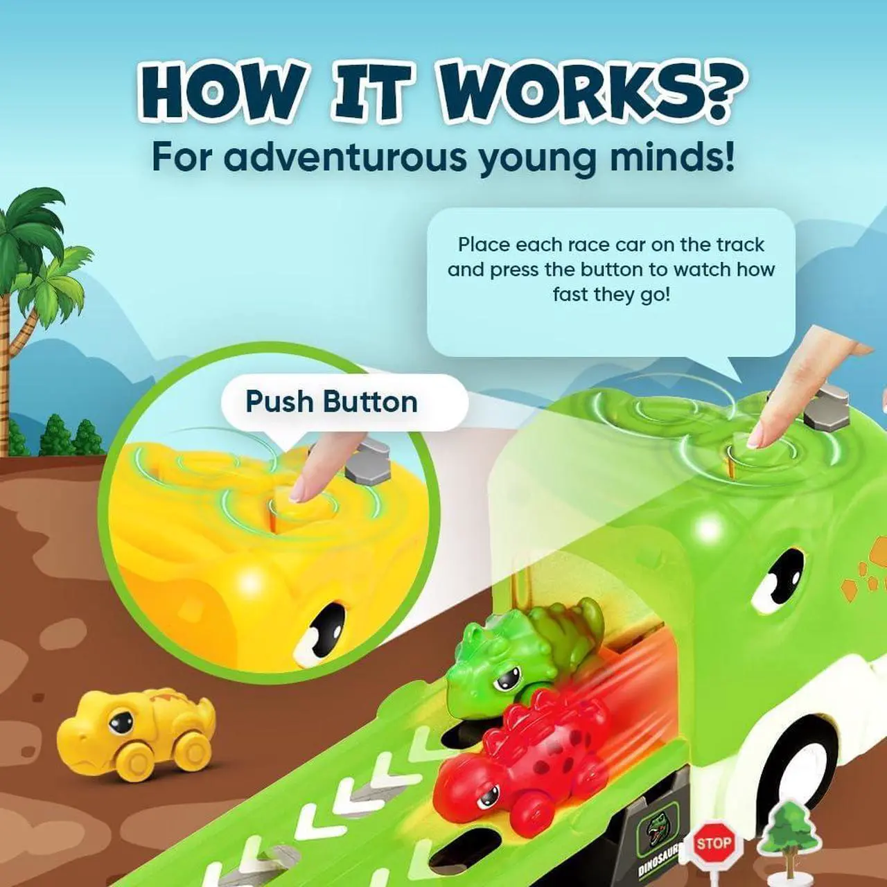 Alt view image 3 of 7 - Dinosaur Truck Toys for Kids 3-5 Years - Dino Transport Carrier with Folding Race Track and 6 Race Car Dinosaurs Toys for Boys with Flashing Lights and Sounds - Toddler Toys Birthday Gifts for Kids