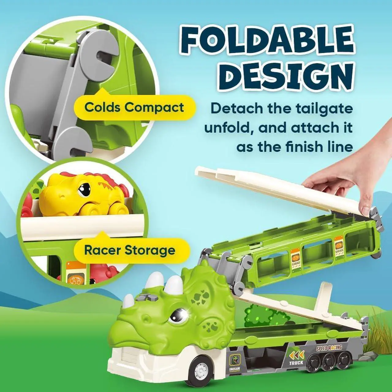 Alt view image 5 of 7 - Dinosaur Truck Toys for Kids 3-5 Years - Dino Transport Carrier with Folding Race Track and 6 Race Car Dinosaurs Toys for Boys with Flashing Lights and Sounds - Toddler Toys Birthday Gifts for Kids