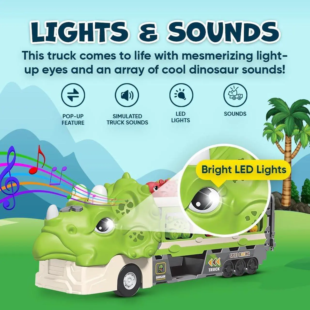 Alt view image 4 of 7 - Dinosaur Truck Toys for Kids 3-5 Years - Dino Transport Carrier with Folding Race Track and 6 Race Car Dinosaurs Toys for Boys with Flashing Lights and Sounds - Toddler Toys Birthday Gifts for Kids