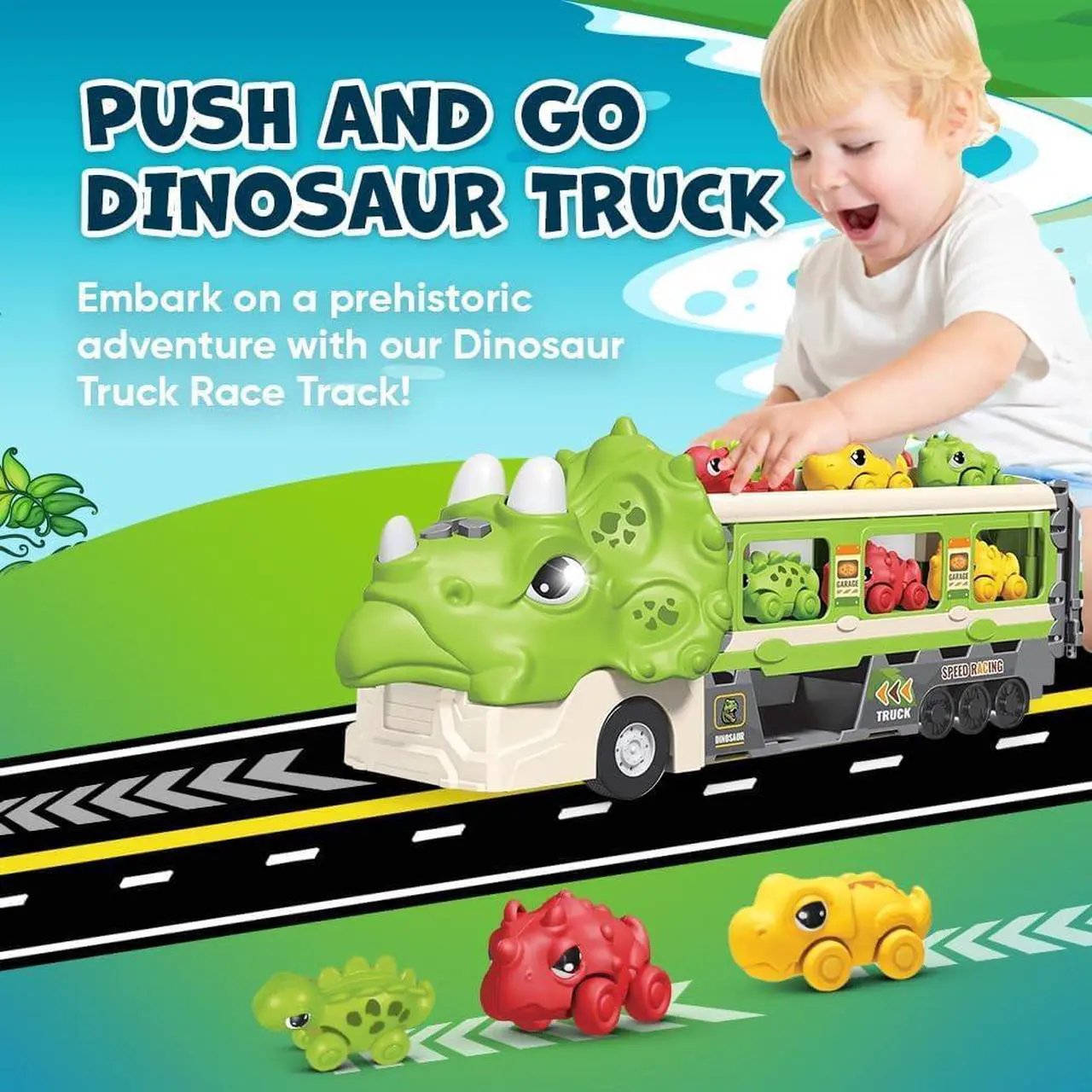 Alt view image 7 of 7 - Dinosaur Truck Toys for Kids 3-5 Years - Dino Transport Carrier with Folding Race Track and 6 Race Car Dinosaurs Toys for Boys with Flashing Lights and Sounds - Toddler Toys Birthday Gifts for Kids