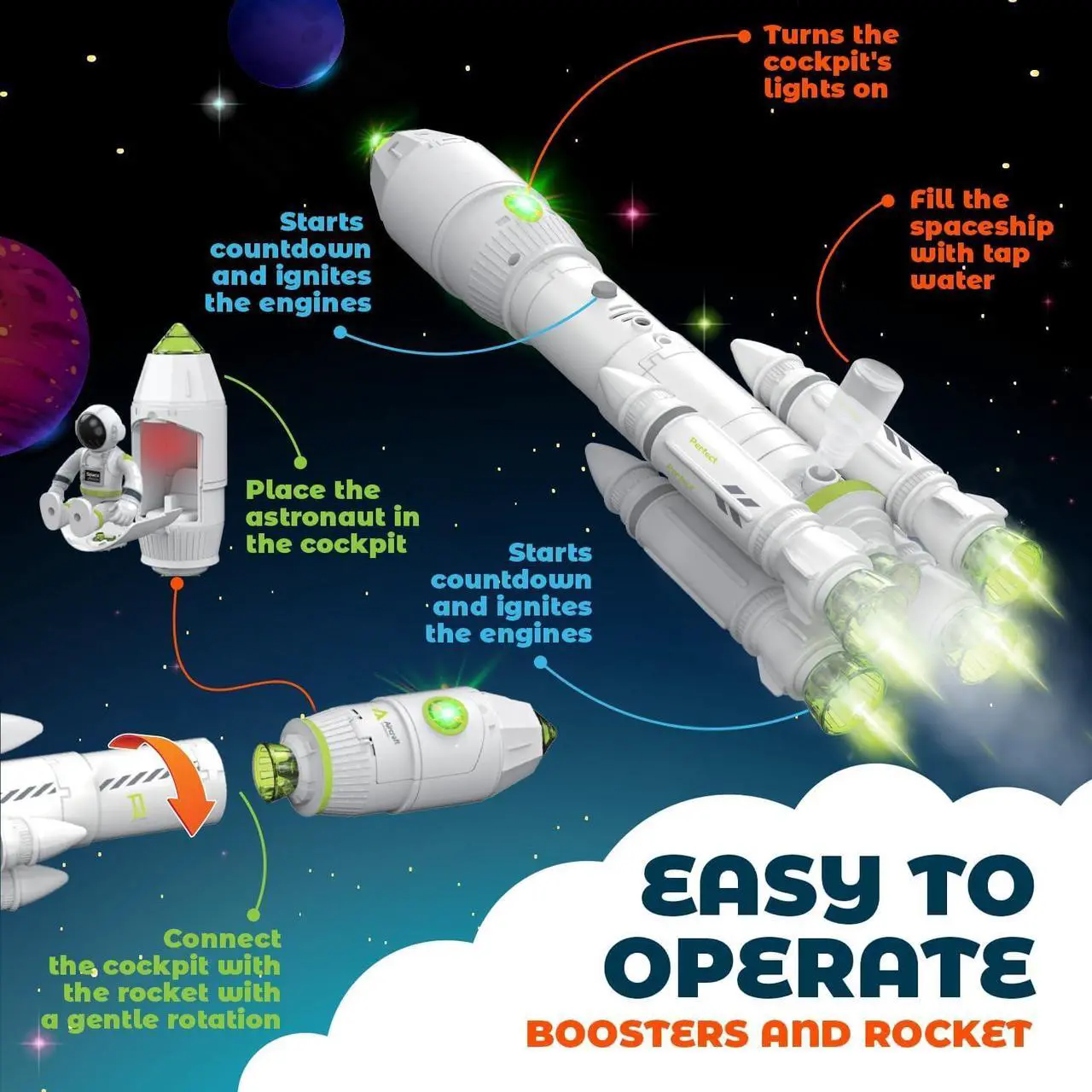 Alt view image 2 of 7 - Space Toys for Kids 3-5 6 7 8 Years Old - Space Adventurer Rocket Ship Shuttle Model with Astronaut and Smoke Effect, Lights and Sounds, Outer Space Exploration Playset, Spaceship Toy for Boys Gifts