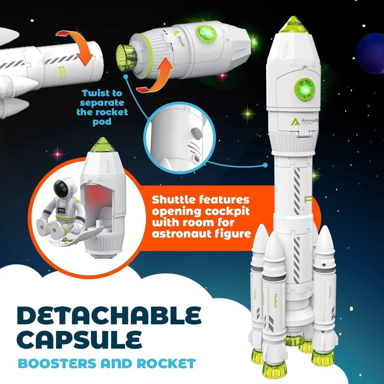 Alt view image 3 of 7 - Space Toys for Kids 3-5 6 7 8 Years Old - Space Adventurer Rocket Ship Shuttle Model with Astronaut and Smoke Effect, Lights and Sounds, Outer Space Exploration Playset, Spaceship Toy for Boys Gifts