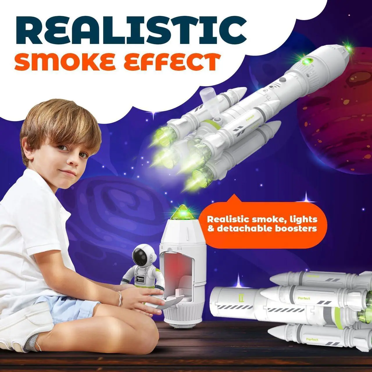 Alt view image 5 of 7 - Space Toys for Kids 3-5 6 7 8 Years Old - Space Adventurer Rocket Ship Shuttle Model with Astronaut and Smoke Effect, Lights and Sounds, Outer Space Exploration Playset, Spaceship Toy for Boys Gifts