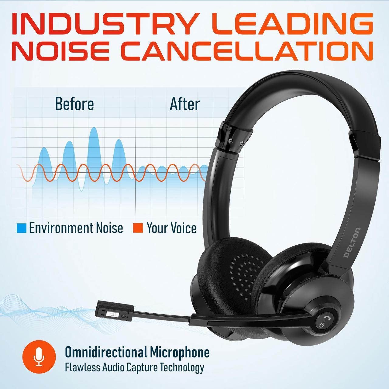 Alt view image 4 of 7 - Delton 30X Wireless Computer Headset Noise Canceling, Over the Ear, 2 Ear, Bluetooth Headphones Auto-Pair USB Dongle for PC/Laptop, Handsfree, Mute, Compatible with Meet, Skype, Zoom, MS Teams