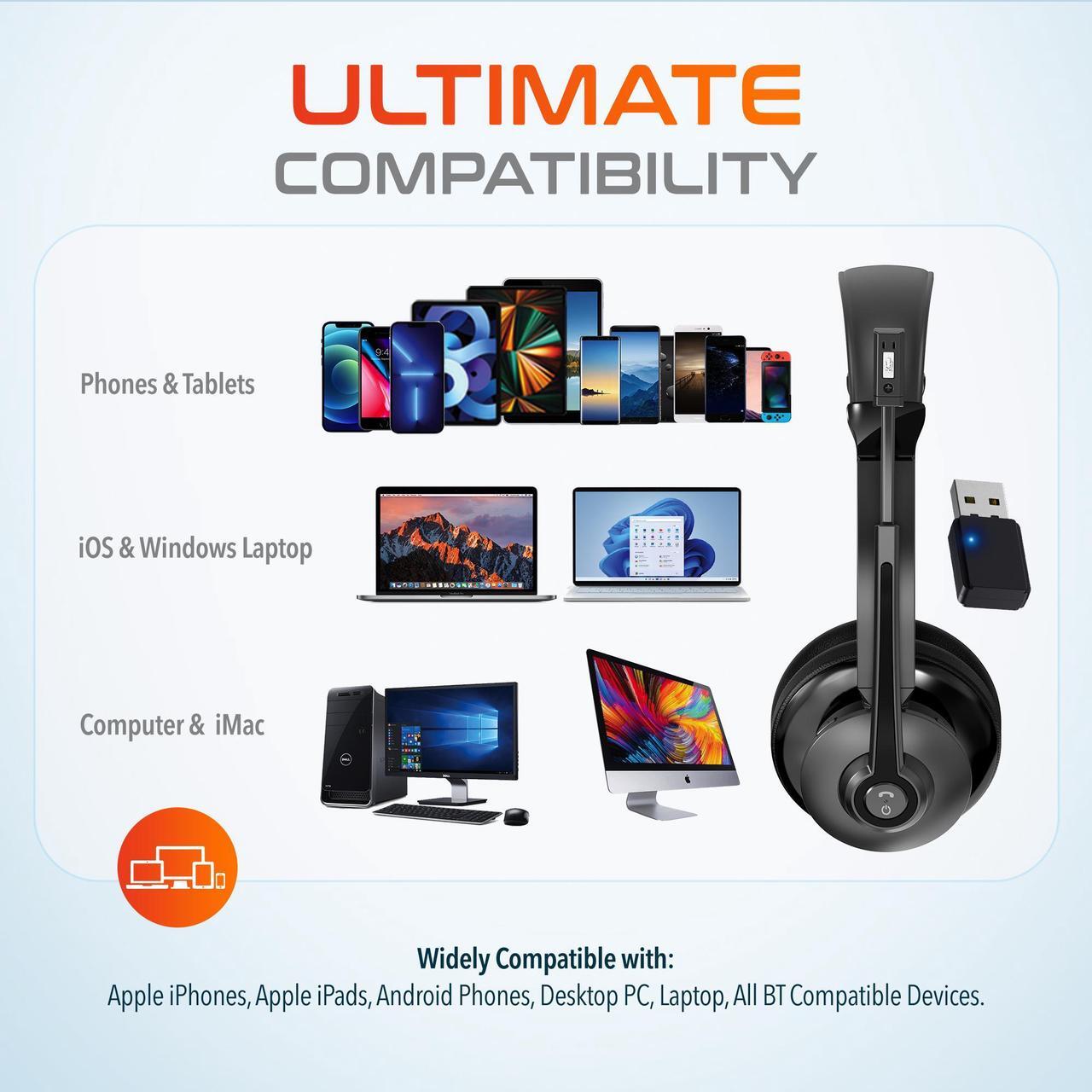 Alt view image 2 of 6 - Delton 35X Wireless Computer Headset Noise Canceling Over the Ear 2 Ear Headset Bluetooth Headphones Auto-Pair USB Dongle for PC/Laptop Handsfree Mute Compatible with Meet Skype Zoom MS Teams