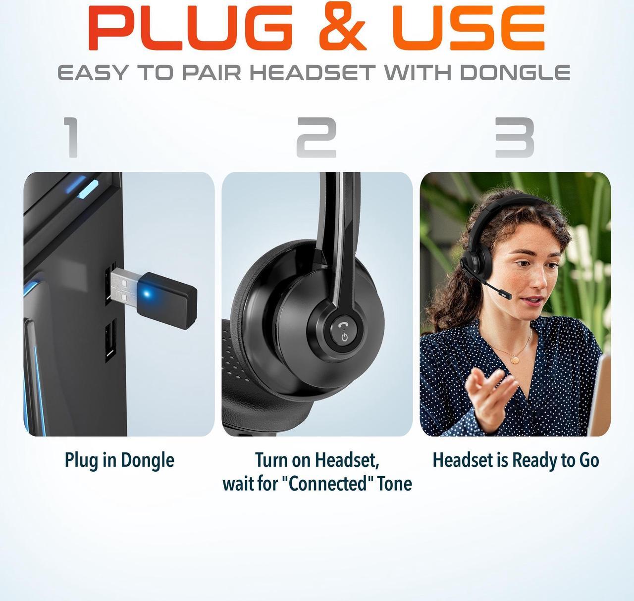 Alt view image 4 of 6 - Delton 35X Wireless Computer Headset Noise Canceling Over the Ear 2 Ear Headset Bluetooth Headphones Auto-Pair USB Dongle for PC/Laptop Handsfree Mute Compatible with Meet Skype Zoom MS Teams