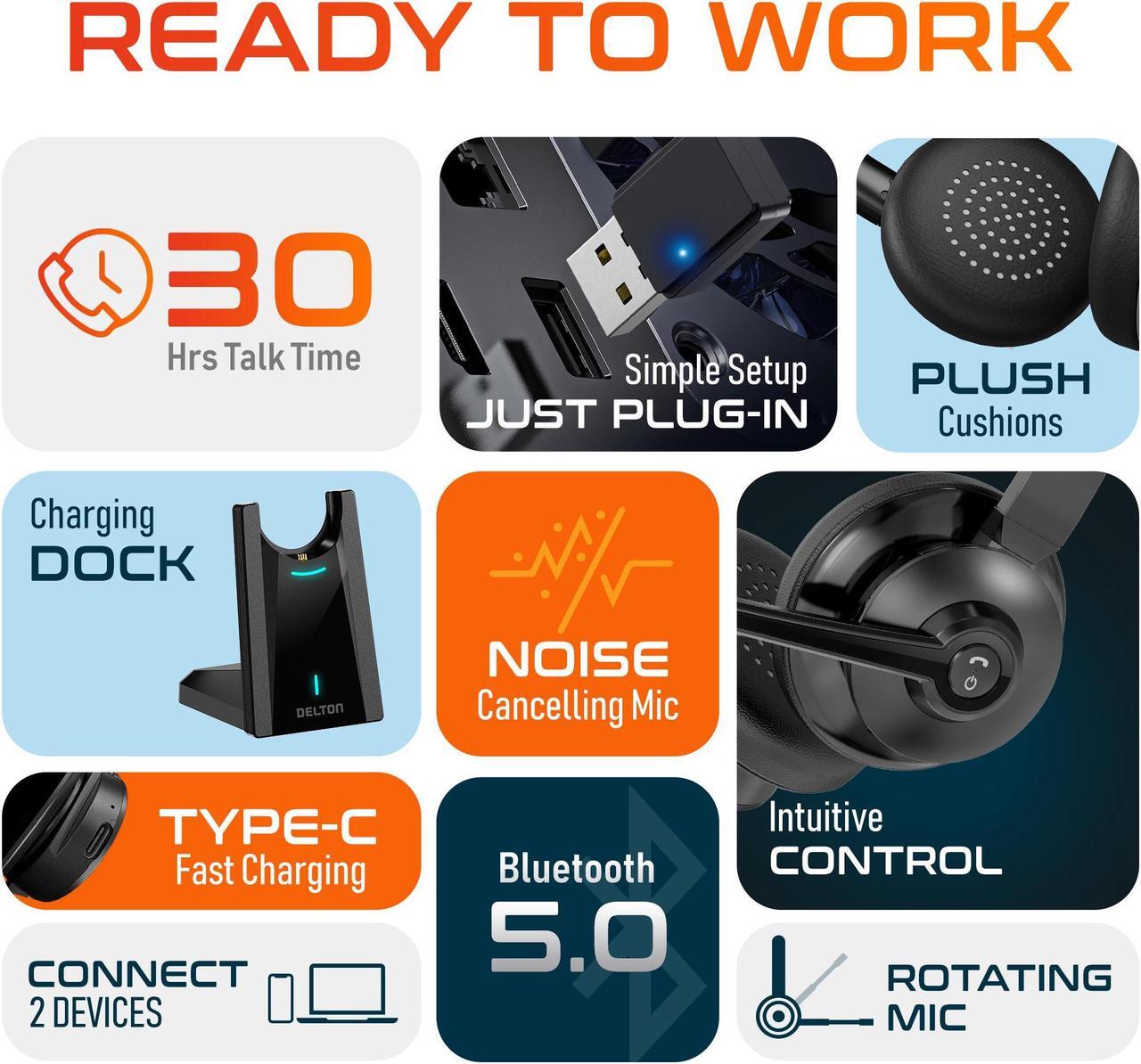 Alt view image 5 of 6 - Delton 35X Wireless Computer Headset Noise Canceling Over the Ear 2 Ear Headset Bluetooth Headphones Auto-Pair USB Dongle for PC/Laptop Handsfree Mute Compatible with Meet Skype Zoom MS Teams