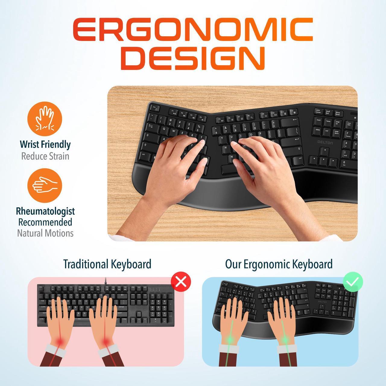 Alt view image 2 of 7 - Delton KB200 Wireless Ergonomic Computer Keyboard Full-Size Design with Wrist Rest Quiet, Responsive Keys 2AA Batteries Operated, Compatible with PC, Mac, and Smart Devices