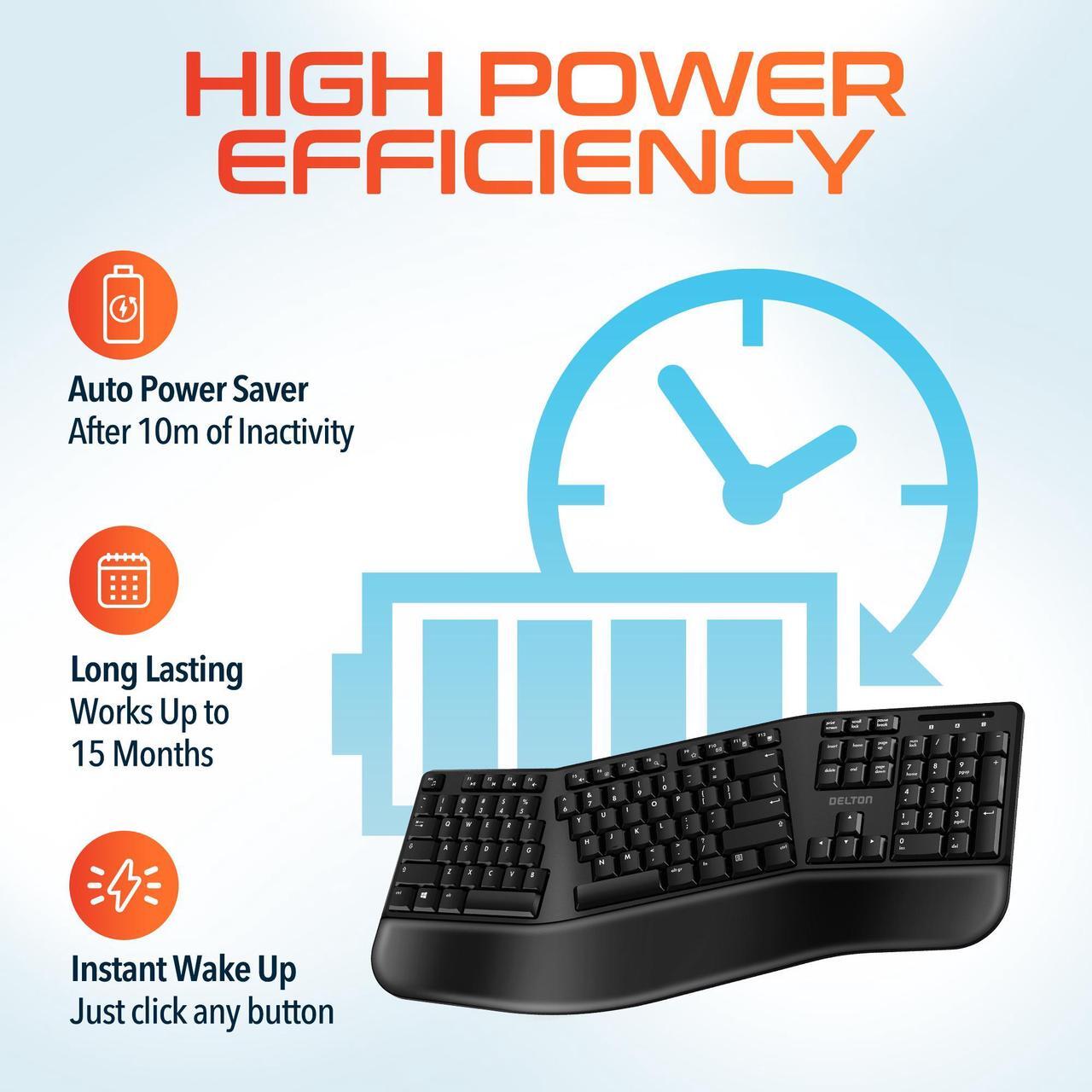 Alt view image 3 of 7 - Delton KB200 Wireless Ergonomic Computer Keyboard Full-Size Design with Wrist Rest Quiet, Responsive Keys 2AA Batteries Operated, Compatible with PC, Mac, and Smart Devices