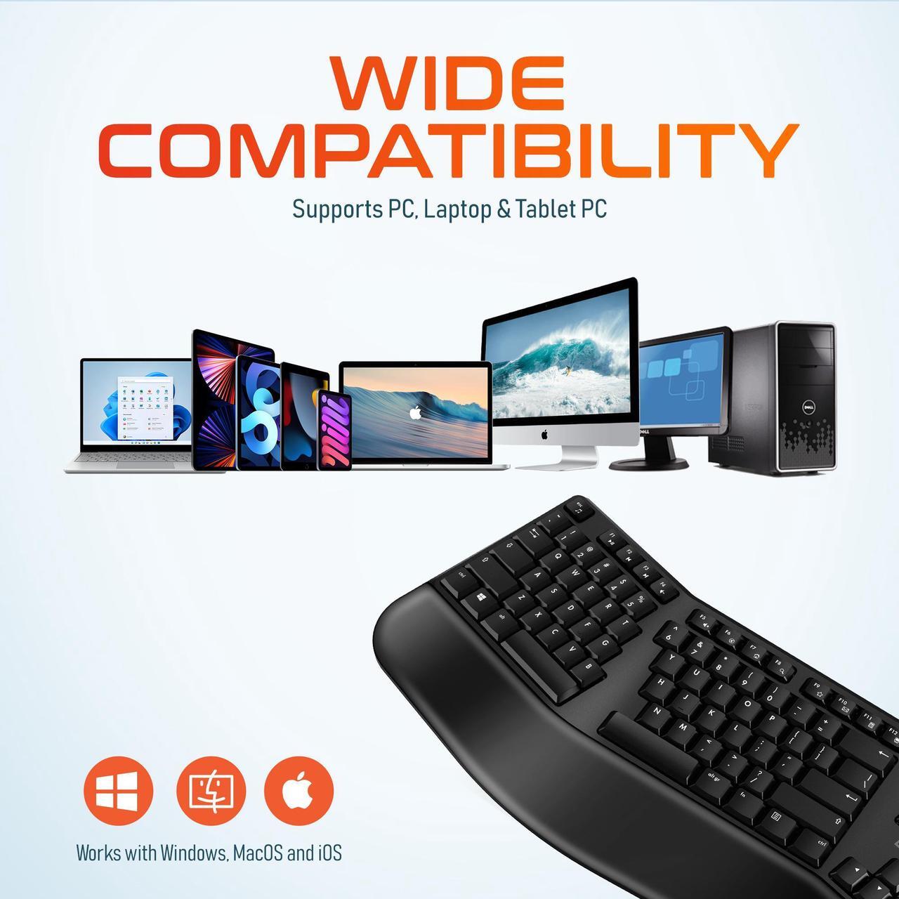 Alt view image 4 of 7 - Delton KB200 Wireless Ergonomic Computer Keyboard Full-Size Design with Wrist Rest Quiet, Responsive Keys 2AA Batteries Operated, Compatible with PC, Mac, and Smart Devices