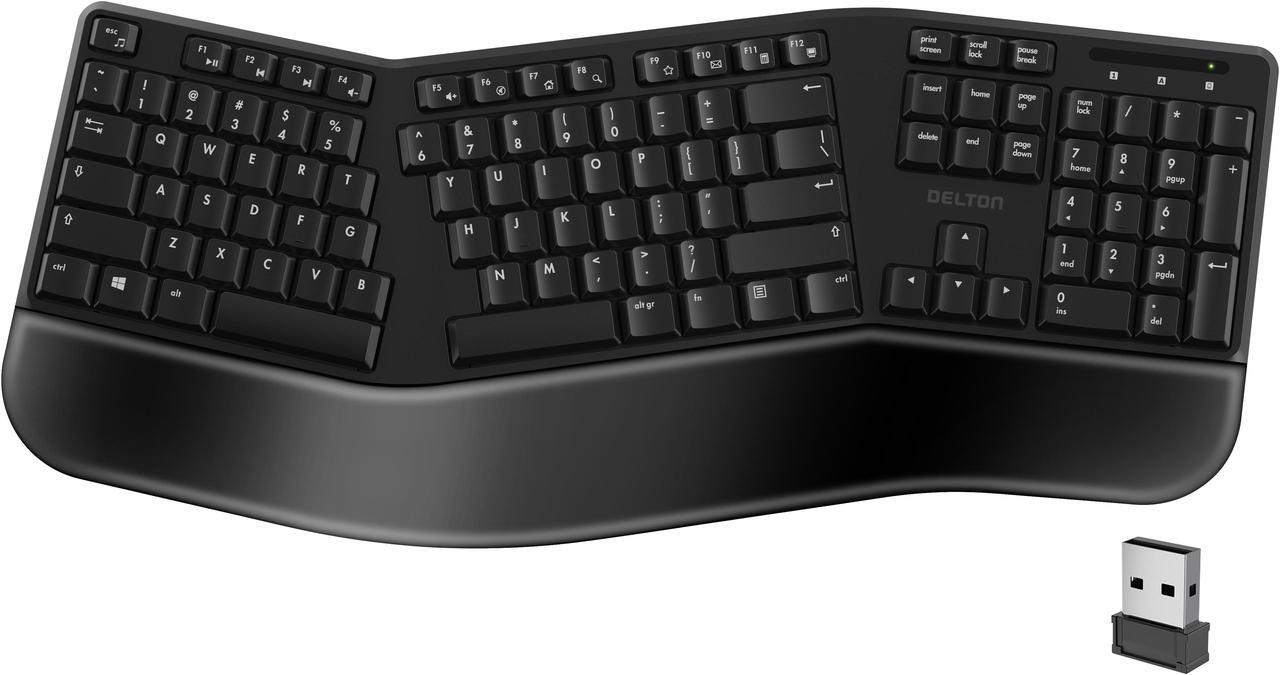 Main image of Delton KB200 Wireless Ergonomic Computer Keyboard Full-Size Design with Wrist Rest Quiet, Responsive Keys 2AA Batteries Operated, Compatible with PC, Mac, and Smart Devices