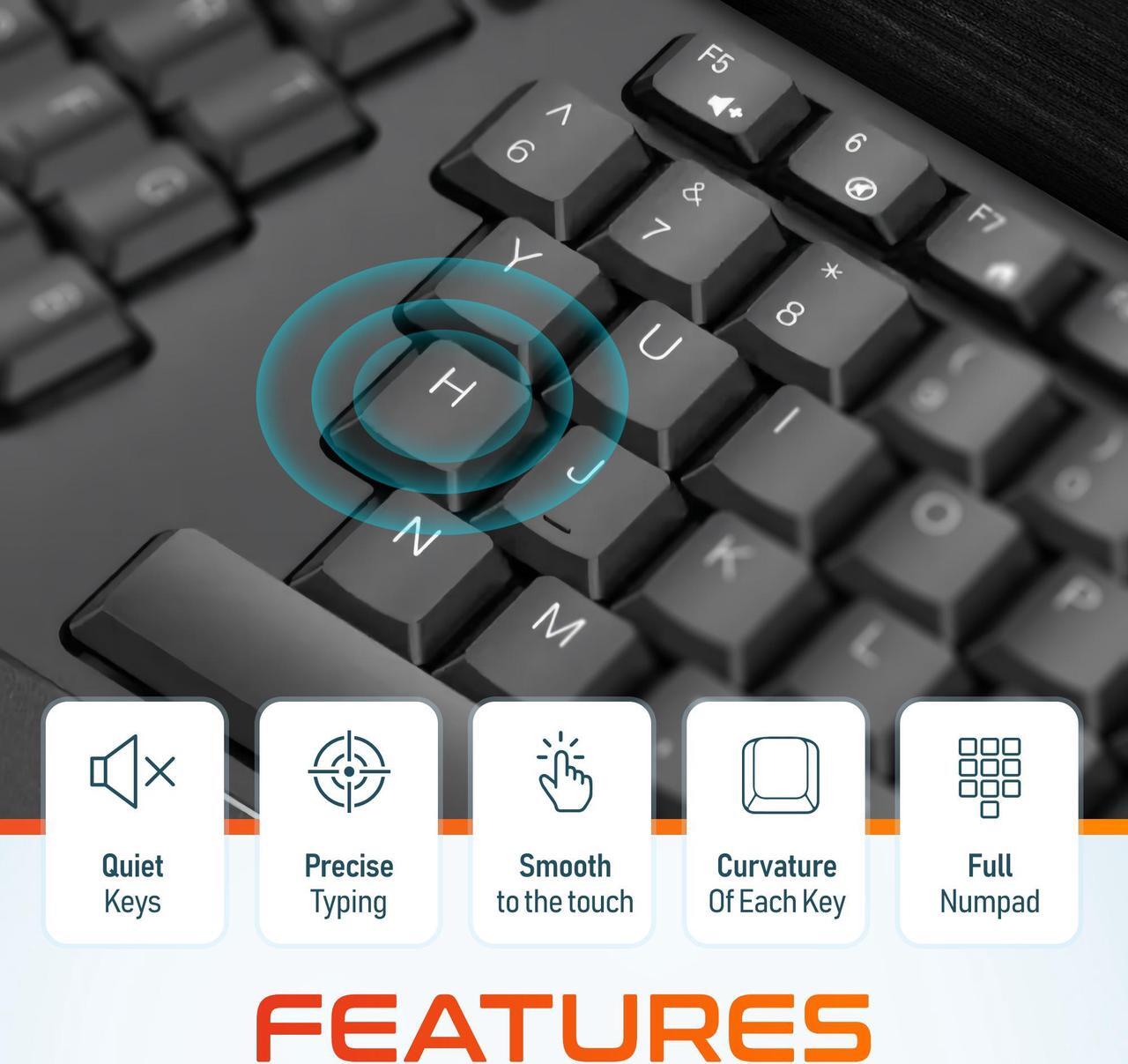 Alt view image 6 of 7 - Delton KB200 Wireless Ergonomic Computer Keyboard Full-Size Design with Wrist Rest Quiet, Responsive Keys 2AA Batteries Operated, Compatible with PC, Mac, and Smart Devices