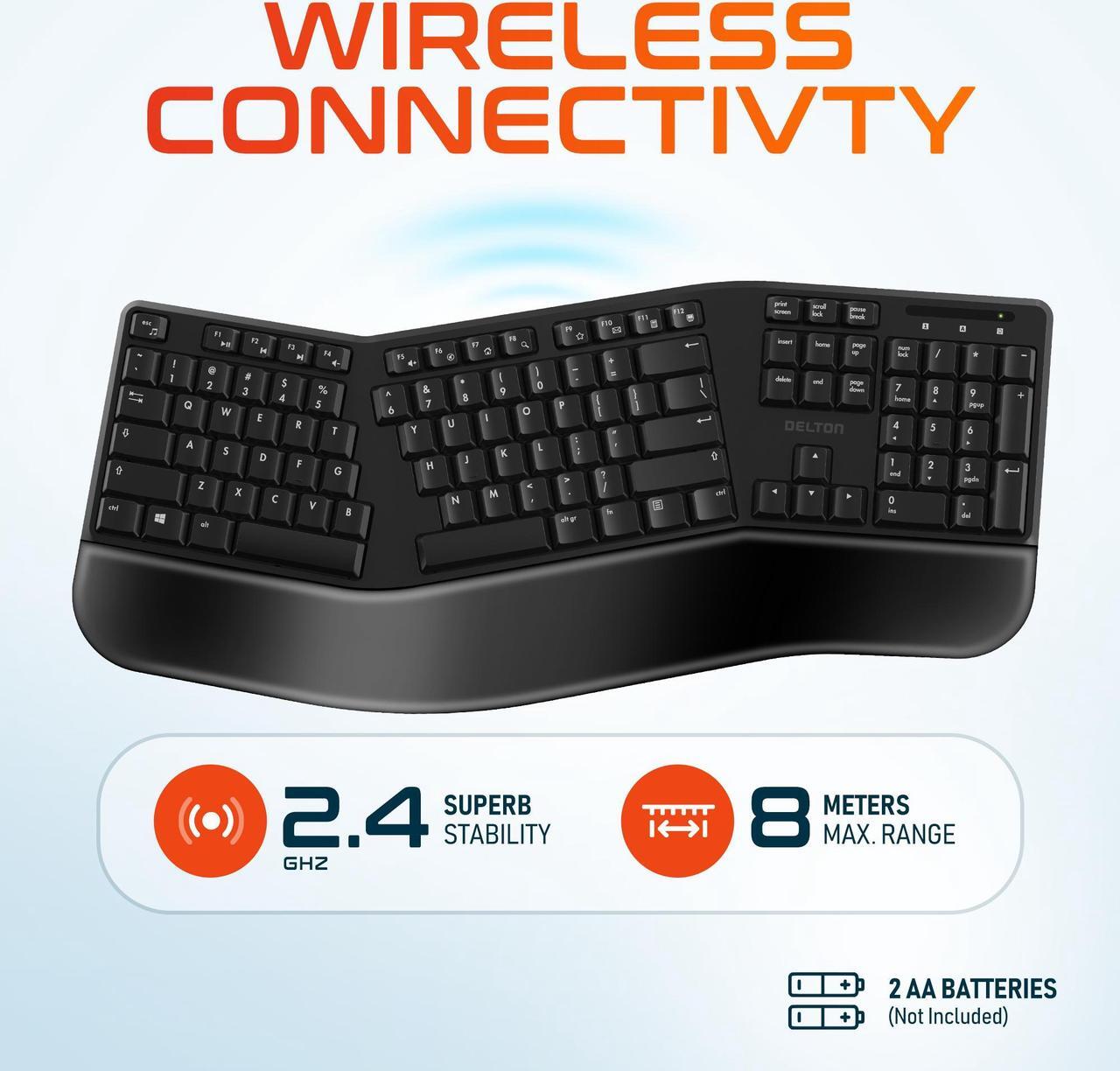 Alt view image 5 of 7 - Delton KB200 Wireless Ergonomic Computer Keyboard Full-Size Design with Wrist Rest Quiet, Responsive Keys 2AA Batteries Operated, Compatible with PC, Mac, and Smart Devices