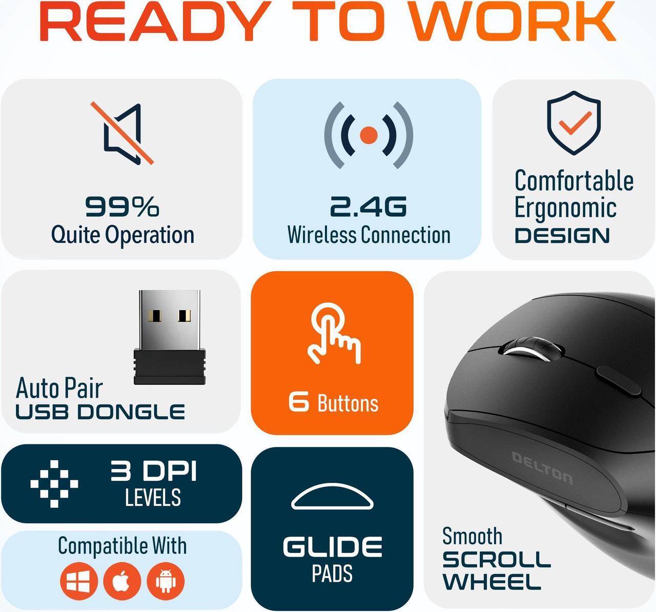 Alt view image 3 of 7 - Delton S12Pro Ergonomic Wireless Vertical Mouse Computer Accessory Input Device 6 Button Auto Pair USB Adjustable DPI