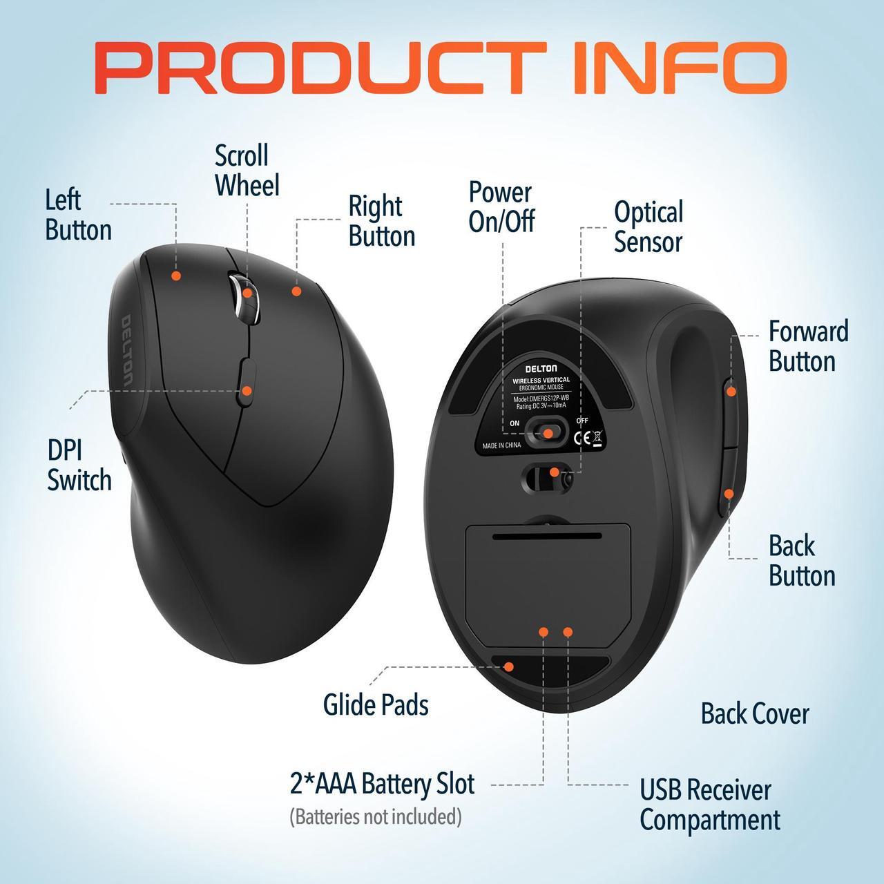 Alt view image 4 of 7 - Delton S12Pro Ergonomic Wireless Vertical Mouse Computer Accessory Input Device 6 Button Auto Pair USB Adjustable DPI