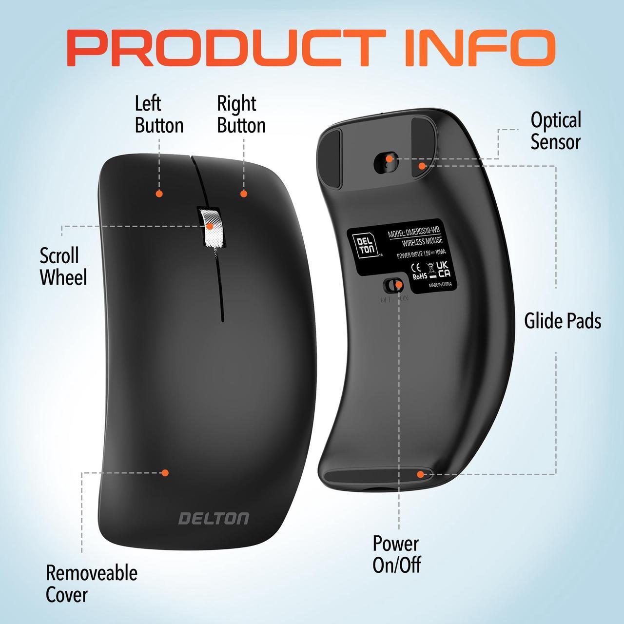 Alt view image 5 of 7 - Delton S10 Curved Wireless Ergonomic Mouse Computer Accessory Input Device Battery Operated Auto Power Saving 3 Buttons