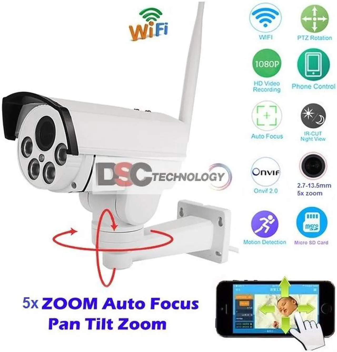 Main image of Full HD 2.0MP 1080P Wifi IP Wireless Security Cameras Outdoor Waterproof Cctv Pan Tilt Zoom PTZ Camera With Built-in Micro SD Card Slot Day Night Vision Mobilephone Remote View