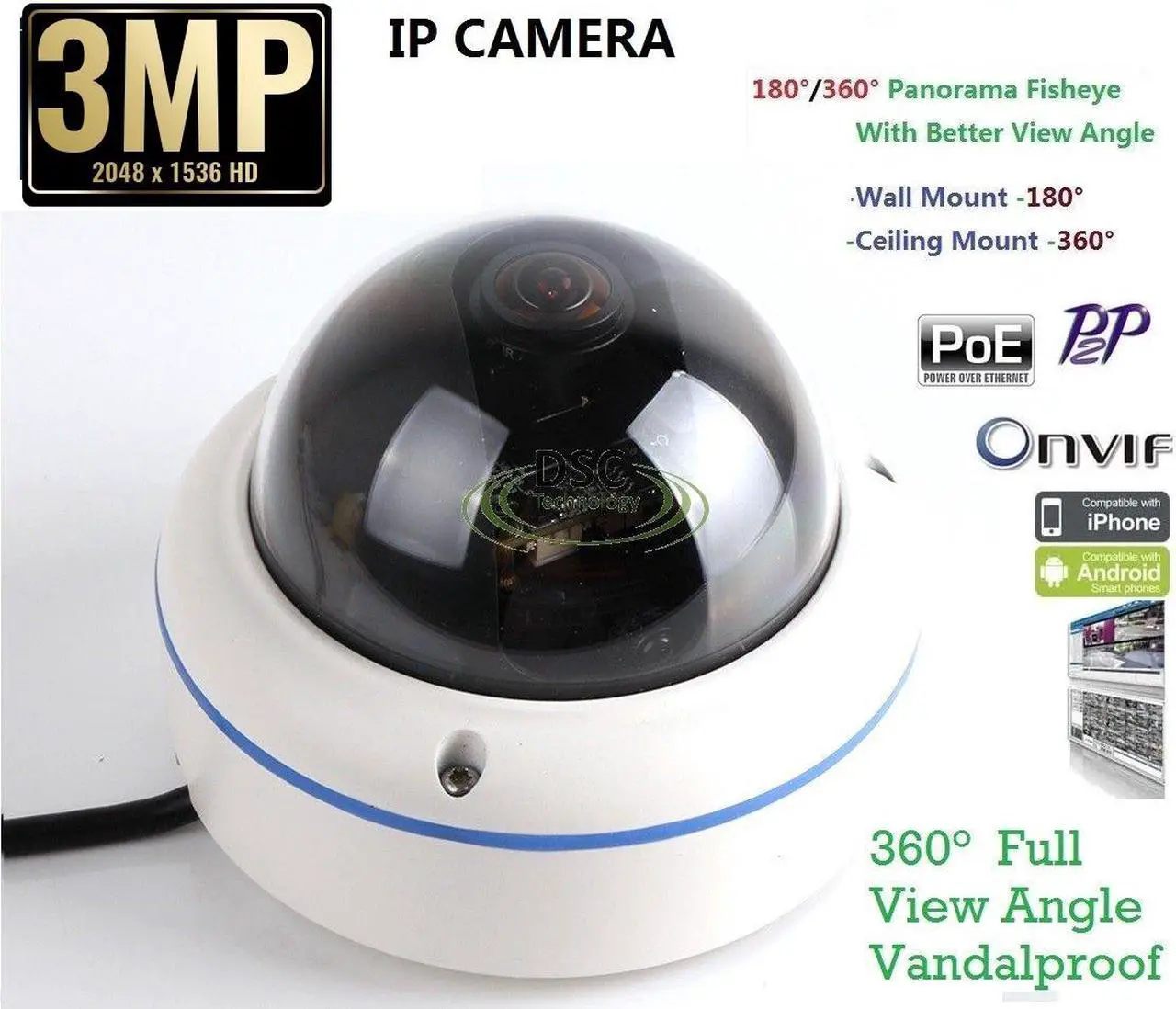 Main image of Outdoor/Indoor ONVIF 3MP 1080P 360Degree fisheye Panoramic Security Dome camera PoE/12VDC, Mobile APP(XMEYE)