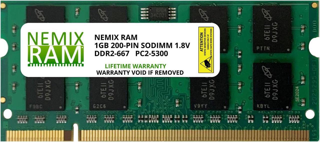 Main image of NEMIX RAM 1GB (1x1GB) DDR2-667MHz PC2-5300 2Rx8 1.8V SODIMM Laptop Memory