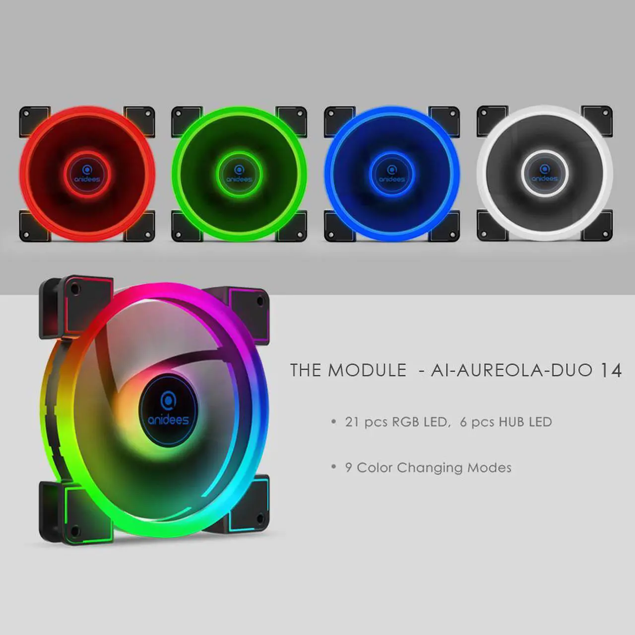 Alt view image 5 of 7 - anidees AI Aureola Duo 140mm 3pcs RGB PWM Fan Compatible with ASUS Aura SYNC/MSI Mystic/GIGABYTE Fusion MB with 5V 3pins RGB Header, for case Fan, Cooler Fan, with Remote(AI-AR-DUO14)