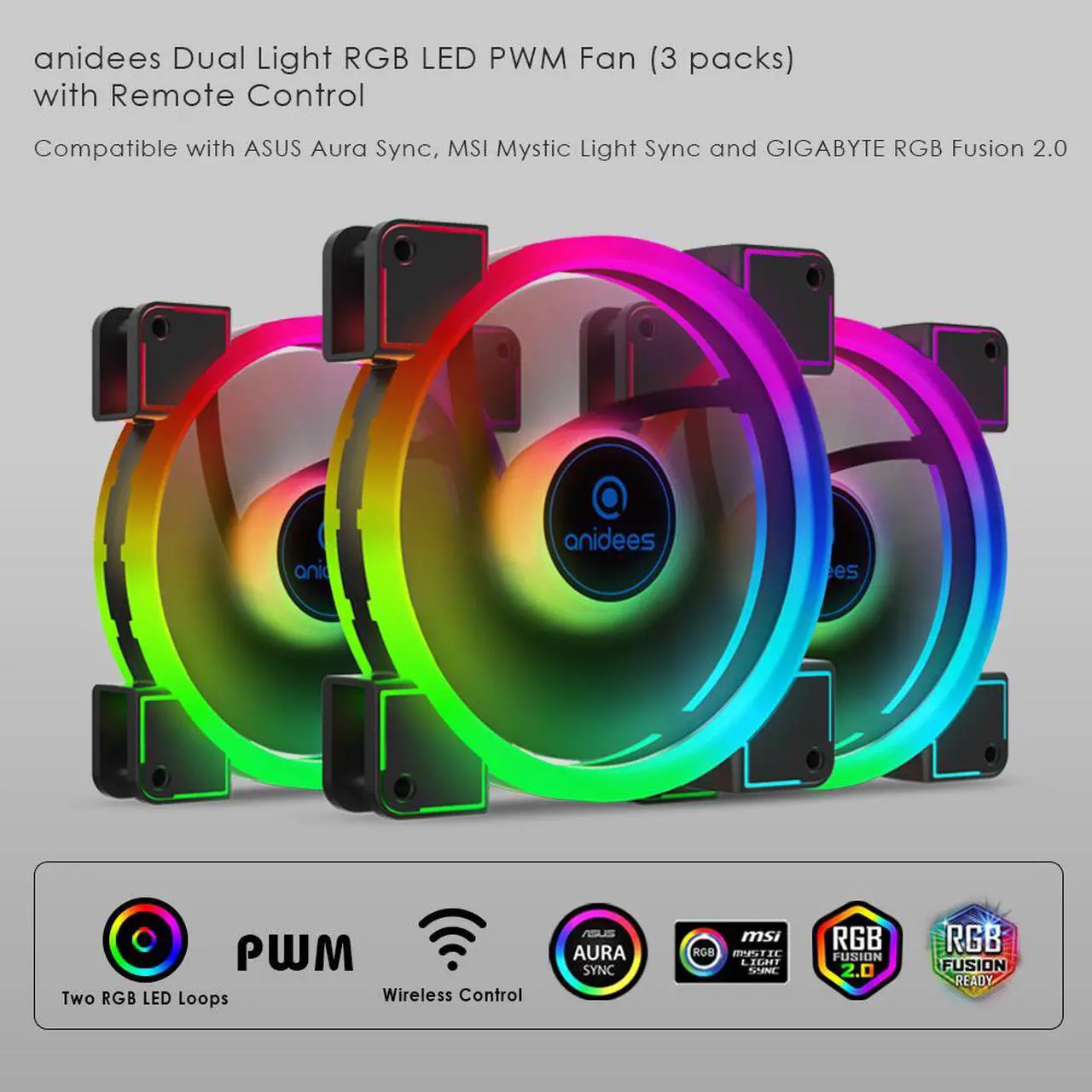 Alt view image 2 of 7 - anidees AI Aureola Duo 140mm 3pcs RGB PWM Fan Compatible with ASUS Aura SYNC/MSI Mystic/GIGABYTE Fusion MB with 5V 3pins RGB Header, for case Fan, Cooler Fan, with Remote(AI-AR-DUO14)