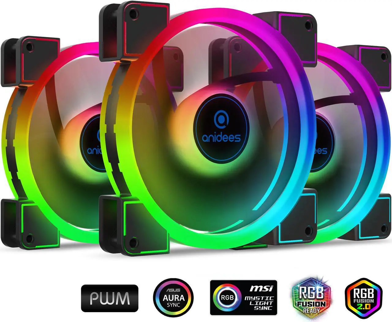 Main image of anidees AI Aureola Duo 140mm 3pcs RGB PWM Fan Compatible with ASUS Aura SYNC/MSI Mystic/GIGABYTE Fusion MB with 5V 3pins RGB Header, for case Fan, Cooler Fan, with Remote(AI-AR-DUO14)