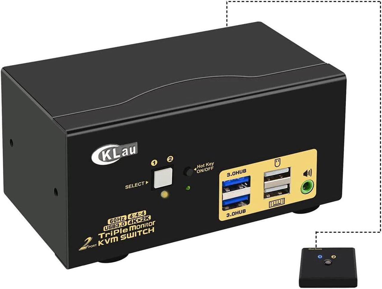 CKLau 4K@60Hz 2 Port HDMI KVM Switch Triple Monitor with Audio, Cables and 2 USB 3.0 Hub for 2 Computers Sharing Single Keyboard Mouse, 3 Monitors and 2 Peripherals Support HDMI 2.0, EDID, HDR10