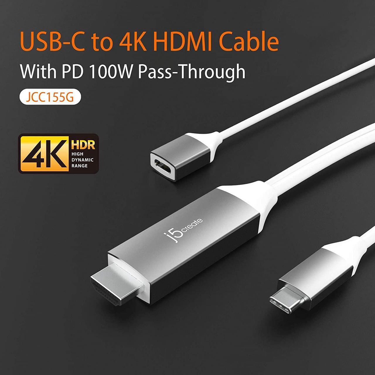 Alt view image 2 of 7 - j5create USB Type C to 4K@60Hz HDMI 6ft Charging Cable with PD 100W, Compatible with Thunderbolt 3/4, MacBook Pro/Air, iPad Pro, iPad Air 4, ChromeBook and More (JCC155G)