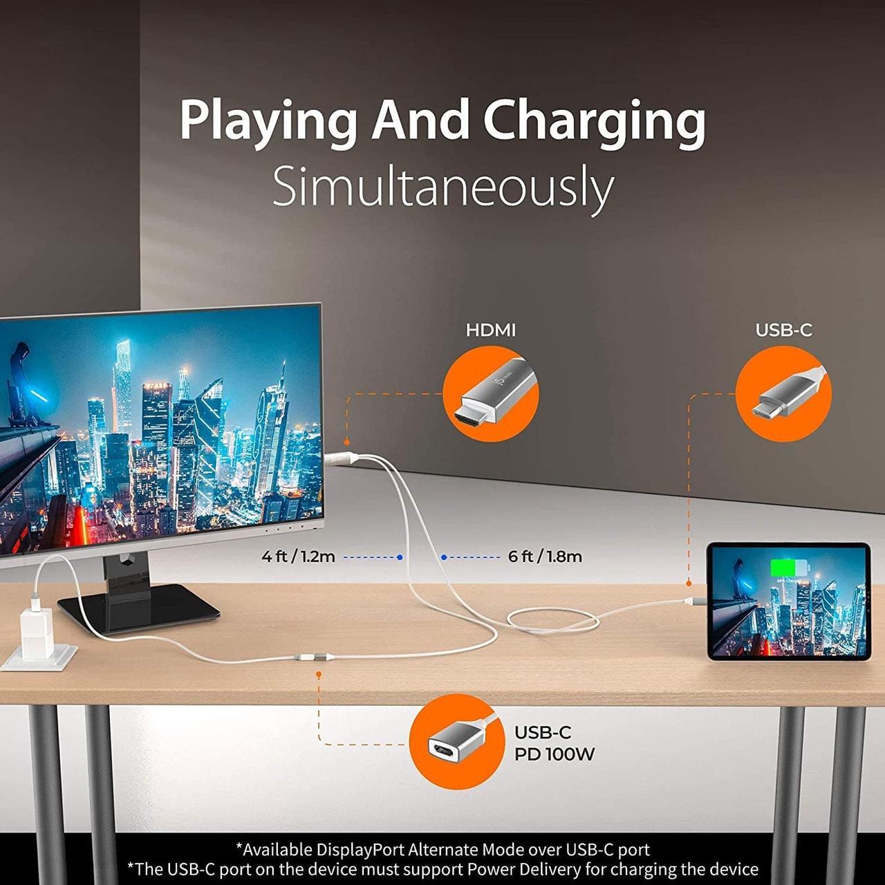 Alt view image 5 of 7 - j5create USB Type C to 4K@60Hz HDMI 6ft Charging Cable with PD 100W, Compatible with Thunderbolt 3/4, MacBook Pro/Air, iPad Pro, iPad Air 4, ChromeBook and More (JCC155G)