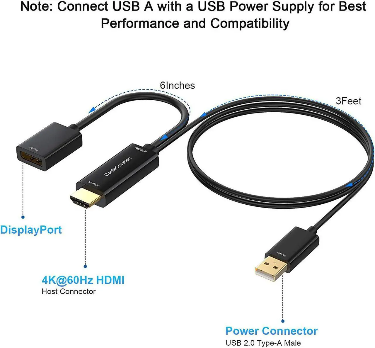 Alt view image 2 of 7 - HDMI to DisplayPort Adapter with USB Power, CableCreation 4K x 2K@60Hz HDMI Male to DP Female Adapter/Converter for Xbox One, Compliant with VESA Dual-Mode DisplayPort 1.2, HDMI 1.4