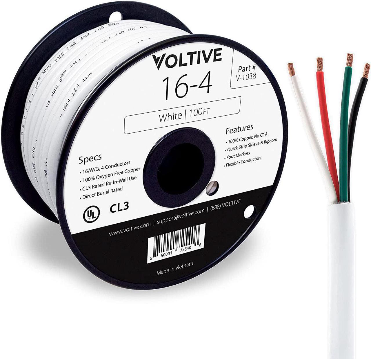 Main image of Voltive 16/4 Speaker Wire - 16 AWG/Gauge 4 Conductor - UL Listed in Wall (CL2/CL3) and Outdoor/In Ground (Direct Burial) Rated - Oxygen-Free Copper (OFC) - 100 Foot Spool - White
