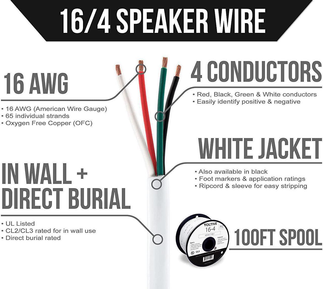 Alt view image 2 of 3 - Voltive 16/4 Speaker Wire - 16 AWG/Gauge 4 Conductor - UL Listed in Wall (CL2/CL3) and Outdoor/In Ground (Direct Burial) Rated - Oxygen-Free Copper (OFC) - 100 Foot Spool - White