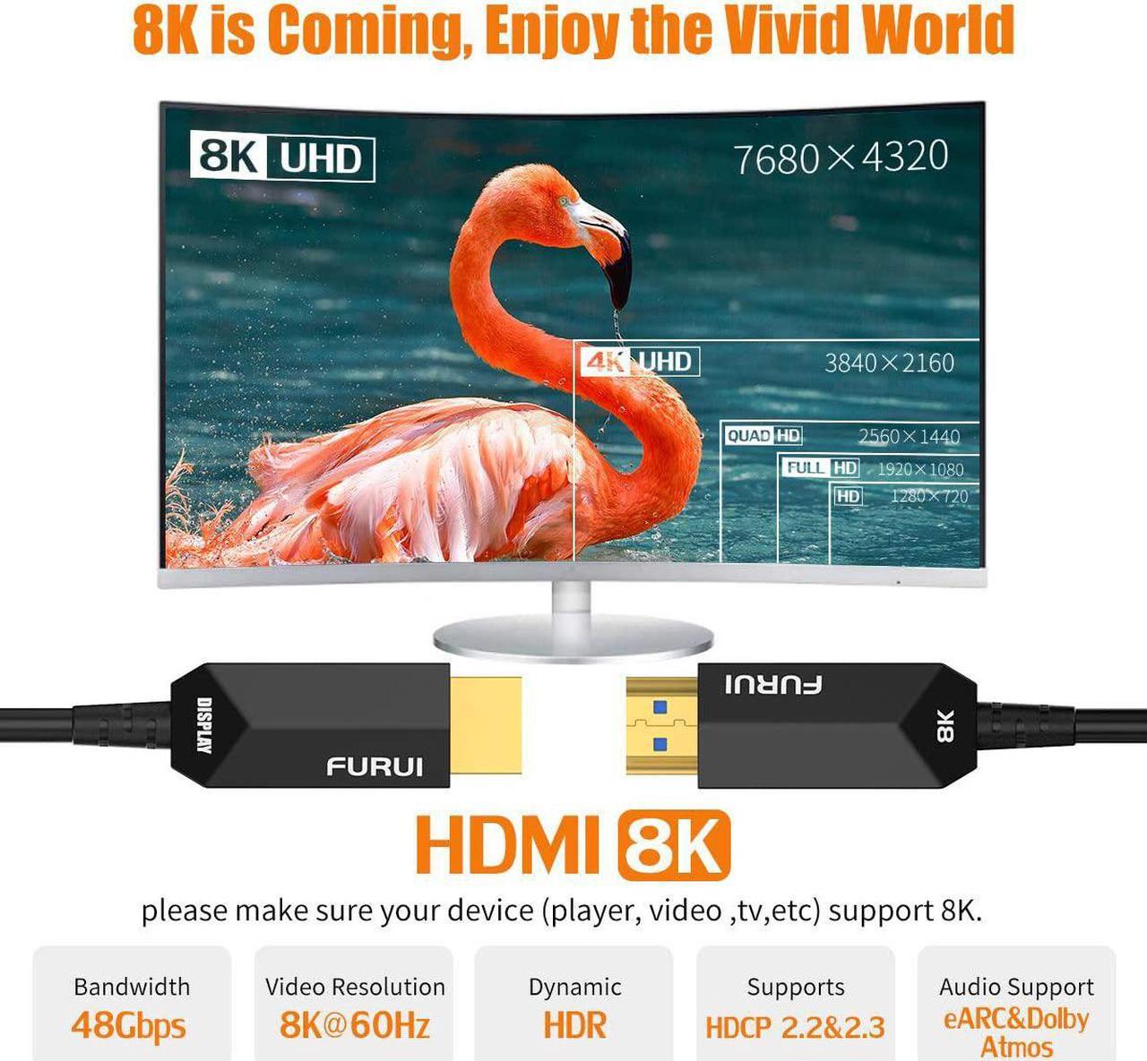 Alt view image 2 of 7 - 8K Fiber HDMI Cable 50ft, FURUI Fiber Optic HDMI 2.1 Cable [8K@60Hz,4K@120Hz], 48Gbps, Dynamic HDR, eARC, BT.2020 Compatible with RTX 3080/3090 Xbox Series X PS5 Denon AV Receiver LG Samsung Sony TV