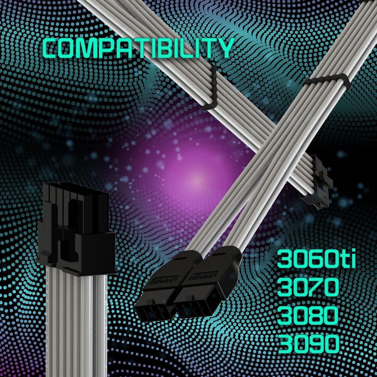 Alt view image 5 of 6 - LINKUP - Compatible with NVIDIA RTX3000 Ampere Founders Edition FE GPU?Teflon High Power PSU Adapter 16AWG Silver Coated UL-Rated Wires w/Comb?12P to 2 x 8P PCI-e Adapter?30cm 300mm?Silver