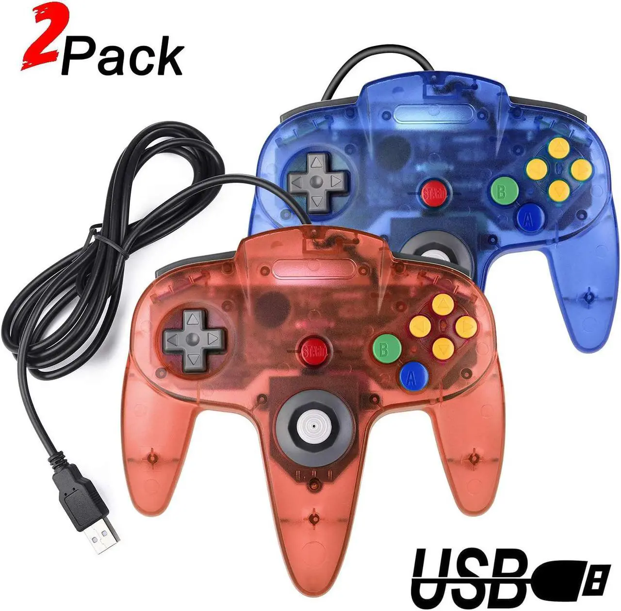 Main image of 2 Packs USB Retro Controllers for N64 Gaming, miadore PC Classic N64 Game Pad Joypad for Windows PC MAC Raspberry Pi (Clear Blue& Red)