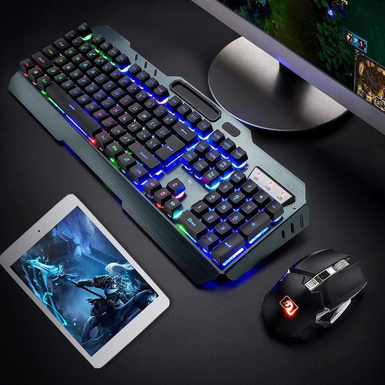 Alt view image 6 of 7 - Wireless Gaming Keyboard and Mouse, Rechargeable, Rainbow Backlit with 3800mAh Battery Metal Panel,Mechanical Feel Keyboard and 7 Color Mute Mouse for Windows Computer Gamers