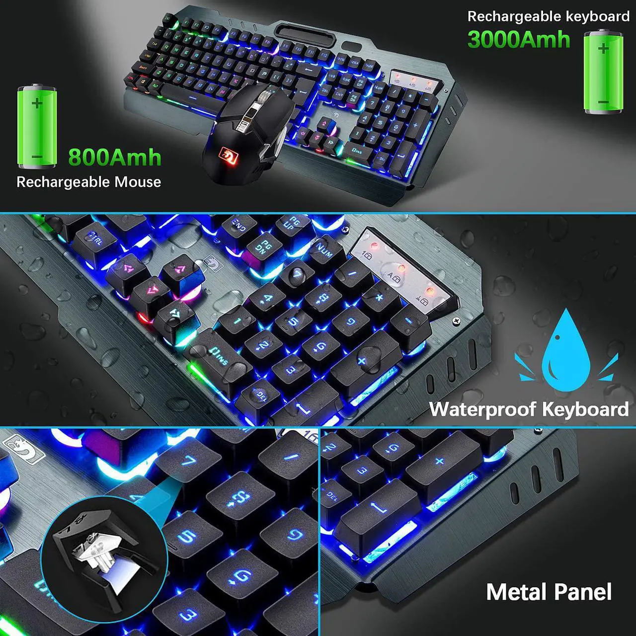 Alt view image 4 of 7 - Wireless Gaming Keyboard and Mouse, Rechargeable, Rainbow Backlit with 3800mAh Battery Metal Panel,Mechanical Feel Keyboard and 7 Color Mute Mouse for Windows Computer Gamers