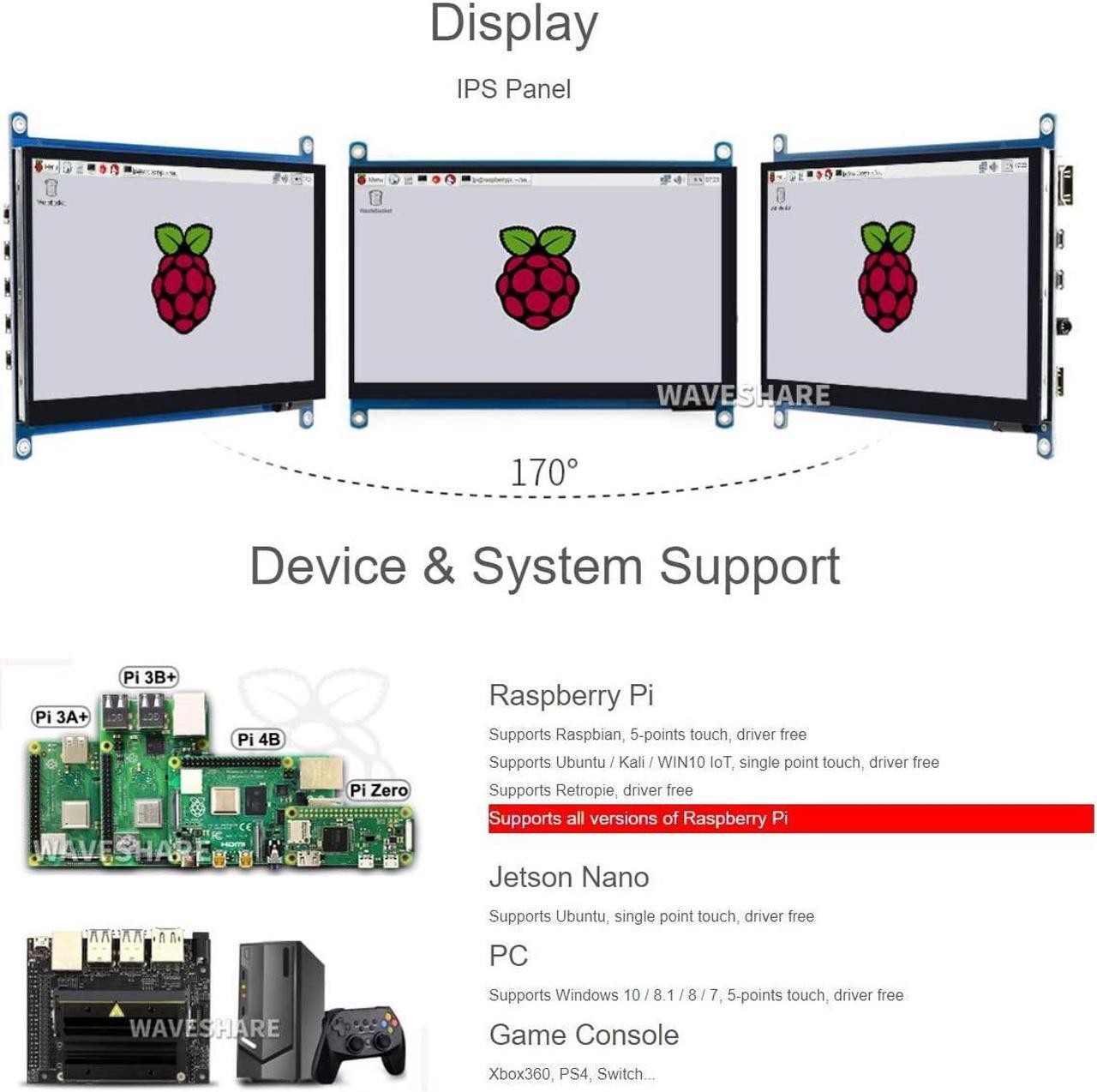 Alt view image 4 of 7 - 7inch HDMI LCD (H) Display Capacitive Touch Screen 1024x600 IPS LCD HDMI Module Compatible with Raspberry Pi, Jetson Nano,BB Black, Banana Pi Support Microsoft XBOX360 and Nintendo Switch