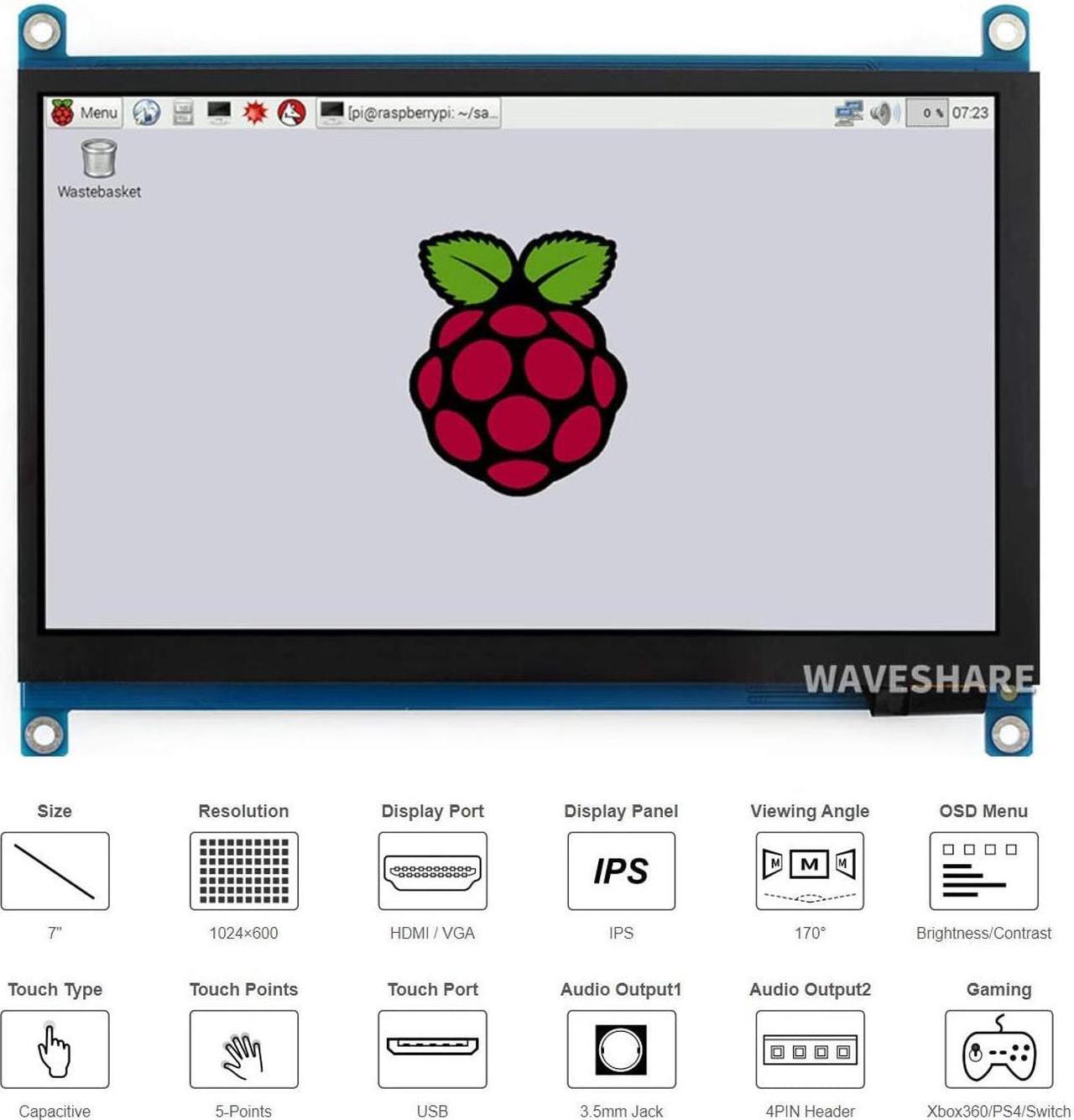 Main image of 7inch HDMI LCD (H) Display Capacitive Touch Screen 1024x600 IPS LCD HDMI Module Compatible with Raspberry Pi, Jetson Nano,BB Black, Banana Pi Support Microsoft XBOX360 and Nintendo Switch