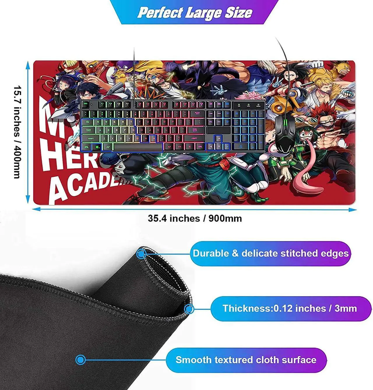 Alt view image 2 of 7 - Anime Mouse Pad My Hero Academia Characters,Extra Large Gaming Mousepad Laptop Desk Pad Mat,Non-Slip Rubber Base,Stitched Edges,Smooth Fabric,Computer Keyboard & Mice Combo Pads 35.4x15.7 inch