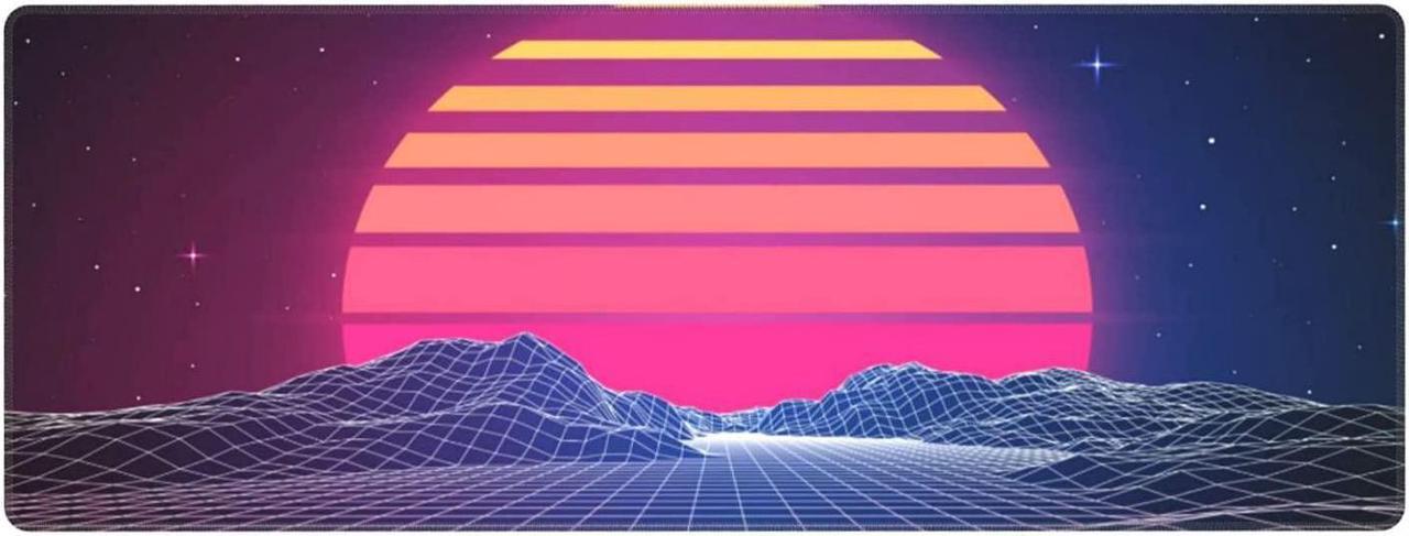 Alt view image 2 of 7 - Retro Neon Sunset Synthwave Extended Mouse Pad 35.4x15.7 Inch XXL Retrowave Vaporwave Non-Slip Rubber Base Large Gaming Mousepad Stitched Edges Waterproof Keyboard Mouse Desk Pad for Office Home
