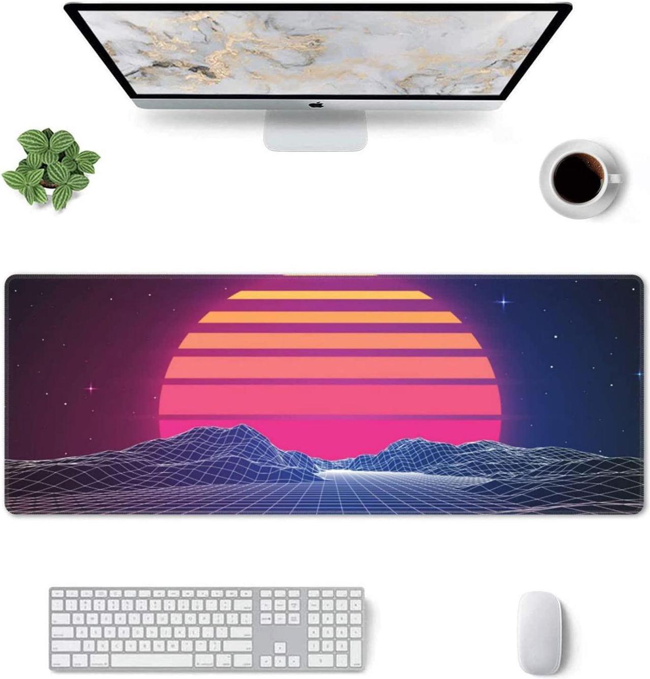 Alt view image 7 of 7 - Retro Neon Sunset Synthwave Extended Mouse Pad 35.4x15.7 Inch XXL Retrowave Vaporwave Non-Slip Rubber Base Large Gaming Mousepad Stitched Edges Waterproof Keyboard Mouse Desk Pad for Office Home