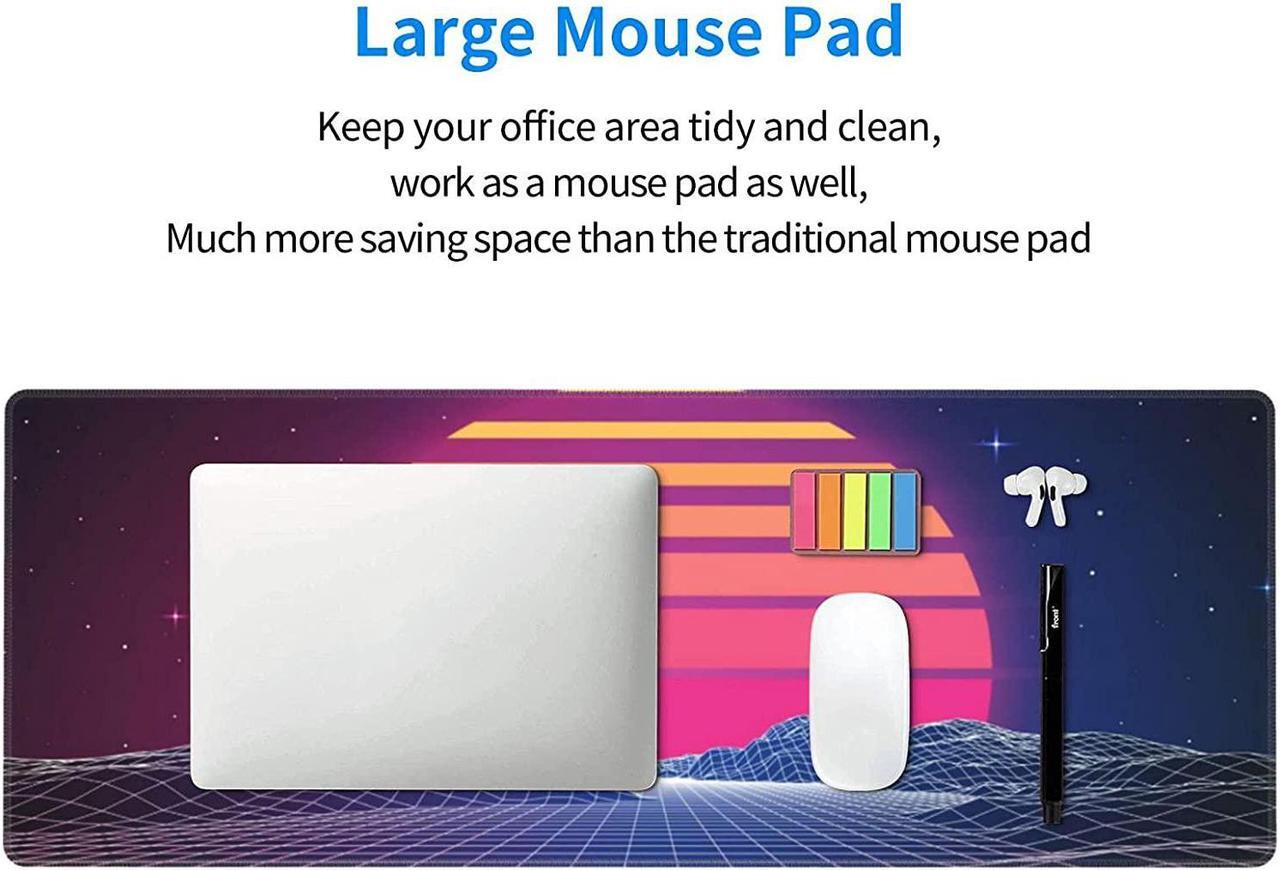 Alt view image 6 of 7 - Retro Neon Sunset Synthwave Extended Mouse Pad 35.4x15.7 Inch XXL Retrowave Vaporwave Non-Slip Rubber Base Large Gaming Mousepad Stitched Edges Waterproof Keyboard Mouse Desk Pad for Office Home