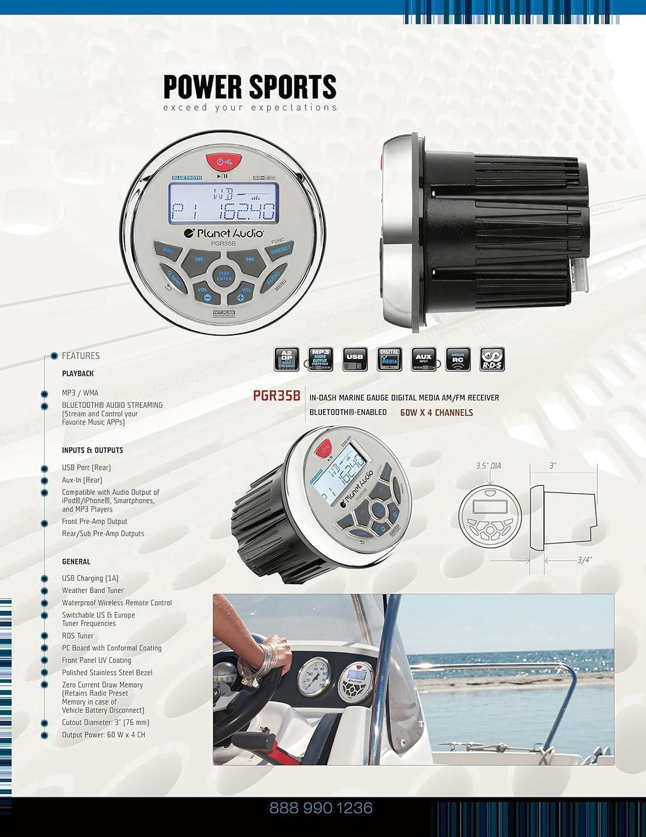 Alt view image 7 of 7 - Audio PGR35B Weatherproof Marine Gauge Receiver - Bluetooth, Digital Media MP3 Player, No CD Player, USB Port, AUX-In, AM/FM Radio Receiver
