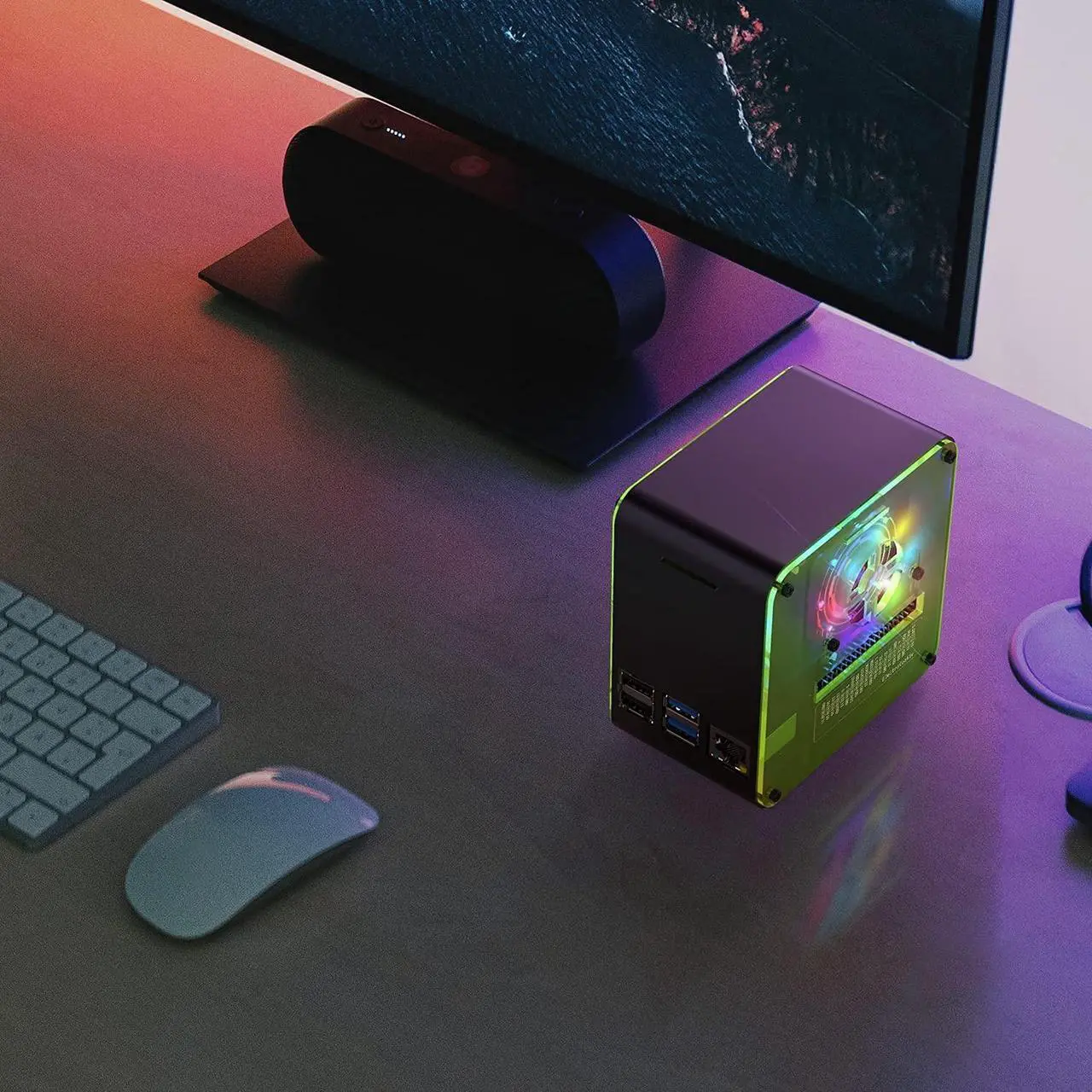Alt view image 2 of 7 - ElectroCookie PIZEN Raspberry Pi 4 Case, Miniature Desktop Aluminum Case with Cooling Fan and Color Changing Ambient Light (Matte Black & Neon)