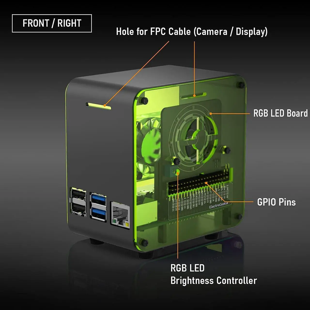 Alt view image 4 of 7 - ElectroCookie PIZEN Raspberry Pi 4 Case, Miniature Desktop Aluminum Case with Cooling Fan and Color Changing Ambient Light (Matte Black & Neon)