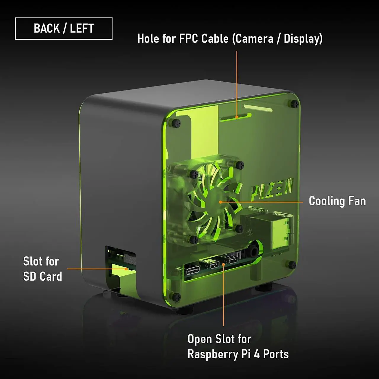 Alt view image 5 of 7 - ElectroCookie PIZEN Raspberry Pi 4 Case, Miniature Desktop Aluminum Case with Cooling Fan and Color Changing Ambient Light (Matte Black & Neon)
