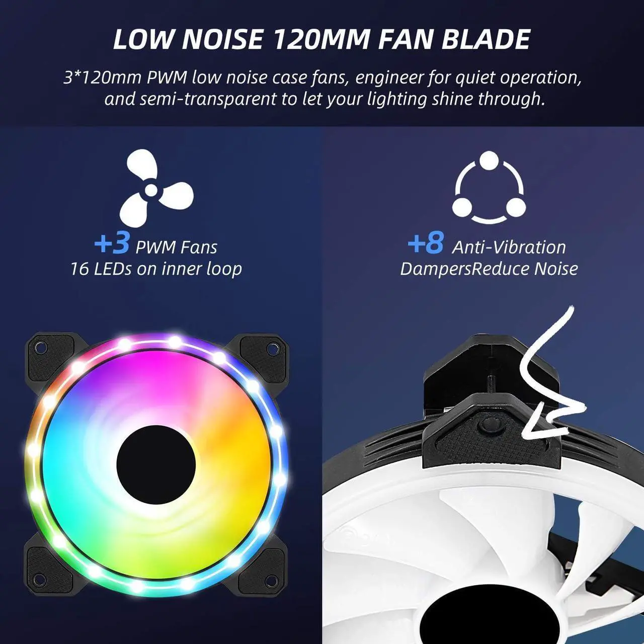 Alt view image 4 of 7 - 3 Pack RGB Case Fans, 120mm Ultra-Quiet RGB Chassis Cooling Fans, Equiped with Remote Control Hub, 5V ARGB Sync, Speed Adjustable Colorful Cooler, High-Performance Chassis Computer Fan for PC Case