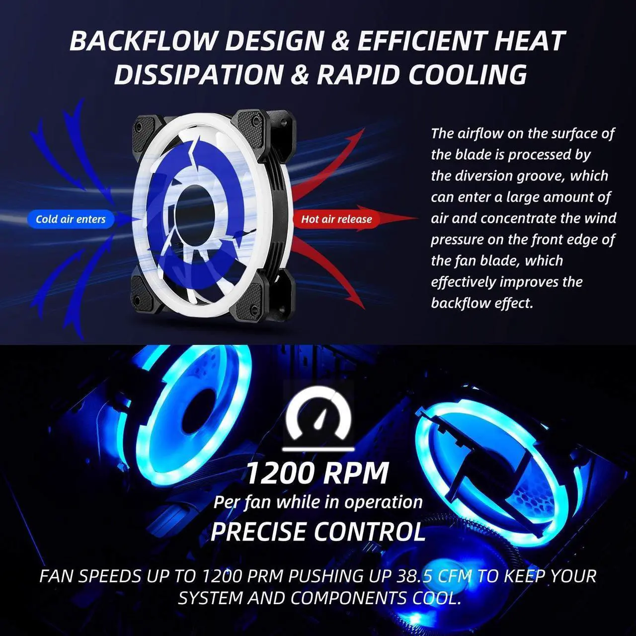 Alt view image 2 of 7 - 3 Pack RGB Case Fans, 120mm Ultra-Quiet RGB Chassis Cooling Fans, Equiped with Remote Control Hub, 5V ARGB Sync, Speed Adjustable Colorful Cooler, High-Performance Chassis Computer Fan for PC Case